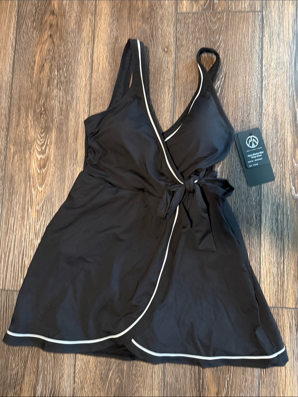 Black Wrap Tankini Swim Top with White Piping by Move Theology XS NWT